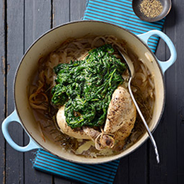 Pot roasted cider vinegar chicken and creamy onions and spinach